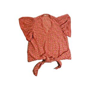 Max Studio Red Floral  Pullover Tie Front Short Sleeve Blouse Large